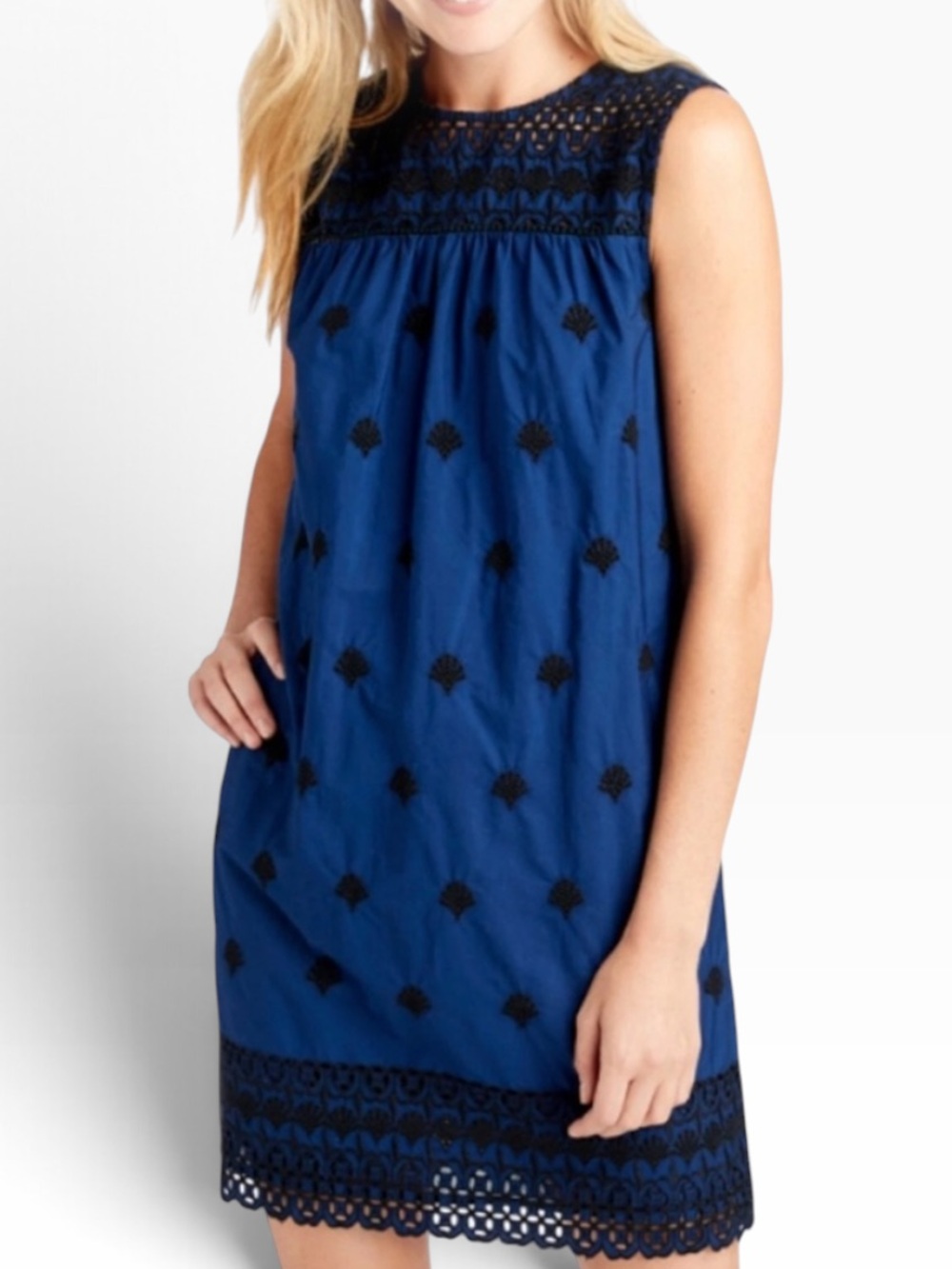 Vineyard Vines Cobalt Blue Cotton Sleeveless Shift Dress with Navy Embroidery S